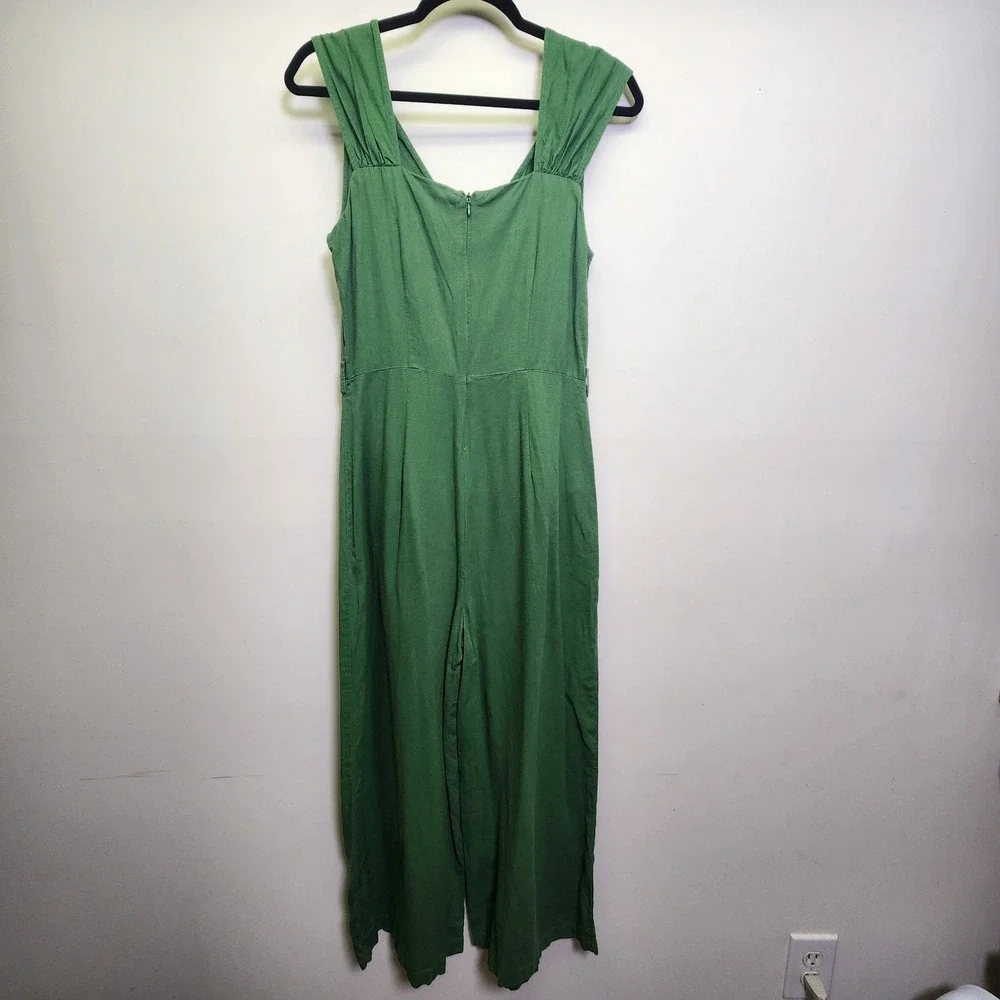 MNG Mango Green Linen Blend Wide Leg Jumpsuit Romper M V-Neck Cropped Sleeveless